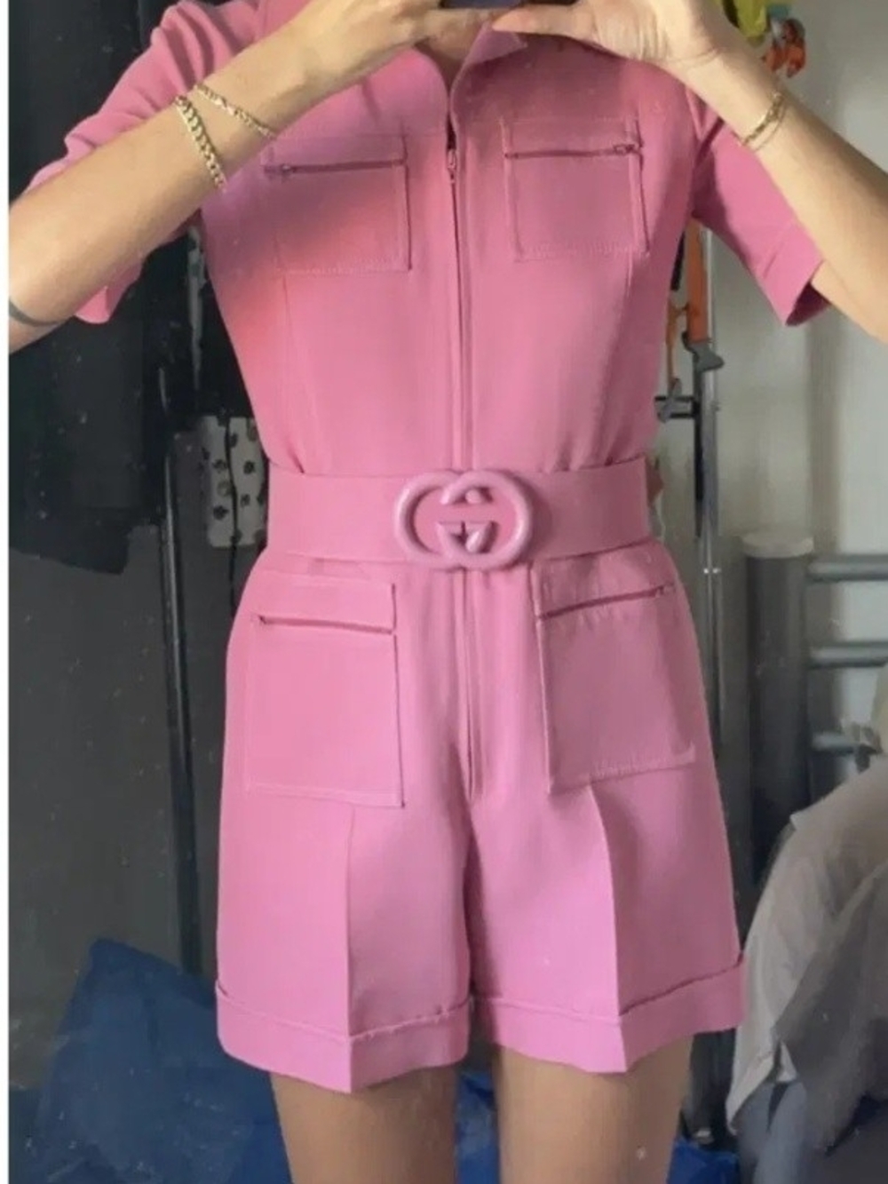 Gucci Pink Short Jumpsuit with Logo Belt
